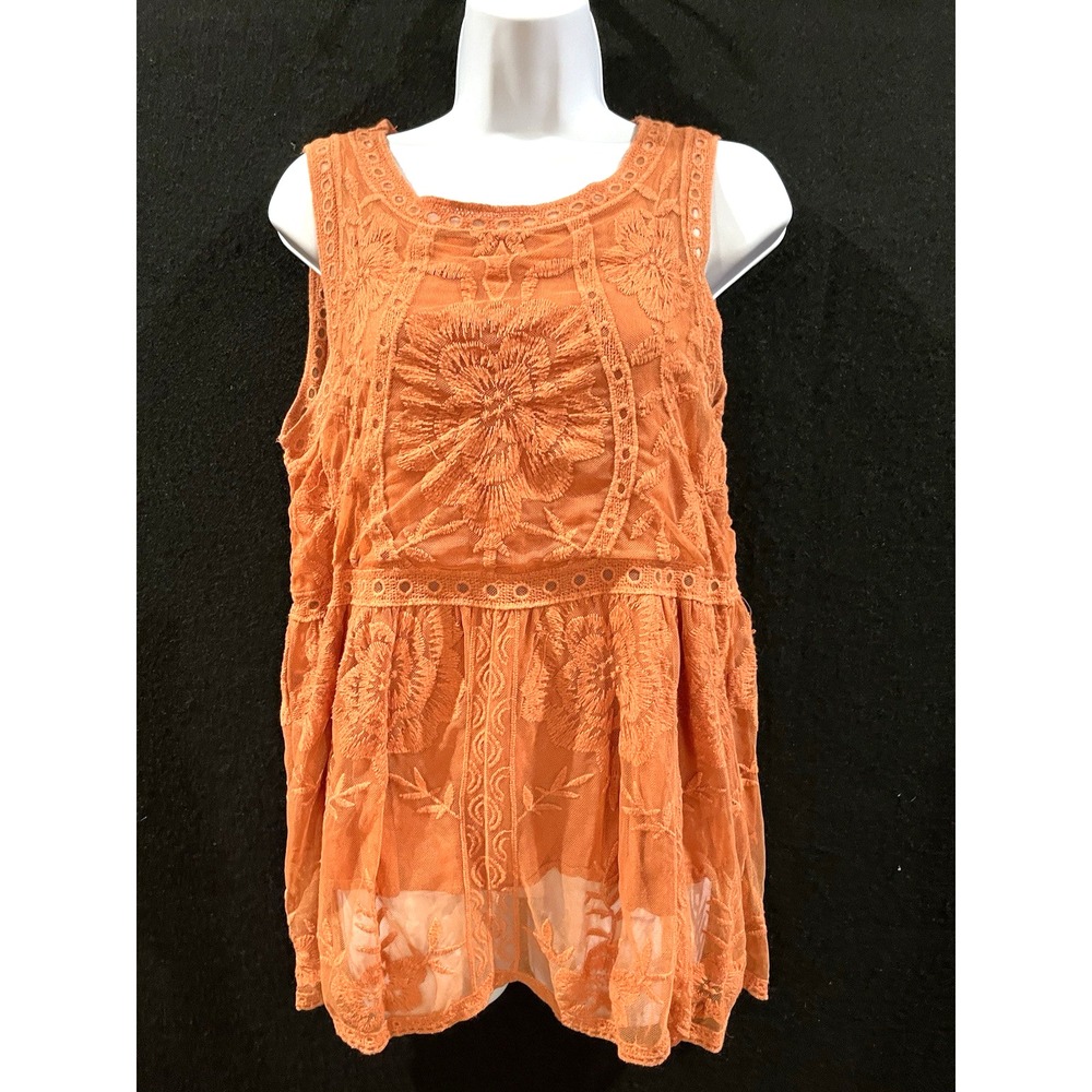 Entro Burnt Orange Floral Boho Embrodiered Mesh Peplum Top Medium Whimsical